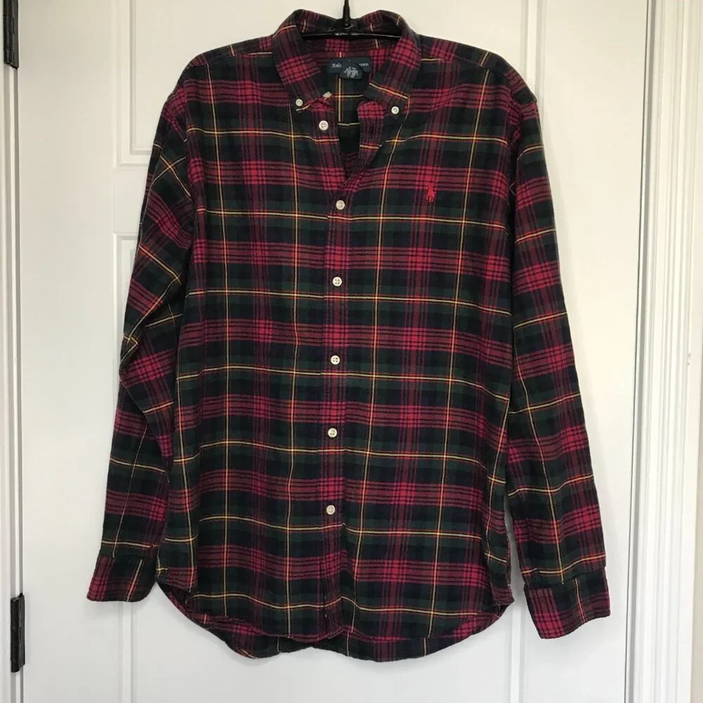 Vintage Ralph Lauren Plaid Button‎ Down Shirt Boys XL (18-20) Cotton, Christmas